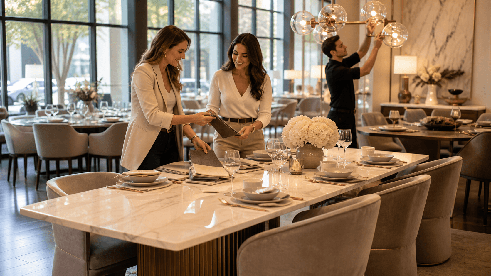 Elegant dining room with a marble table, velvet chairs, gold accents, and warm ambient lighting.
