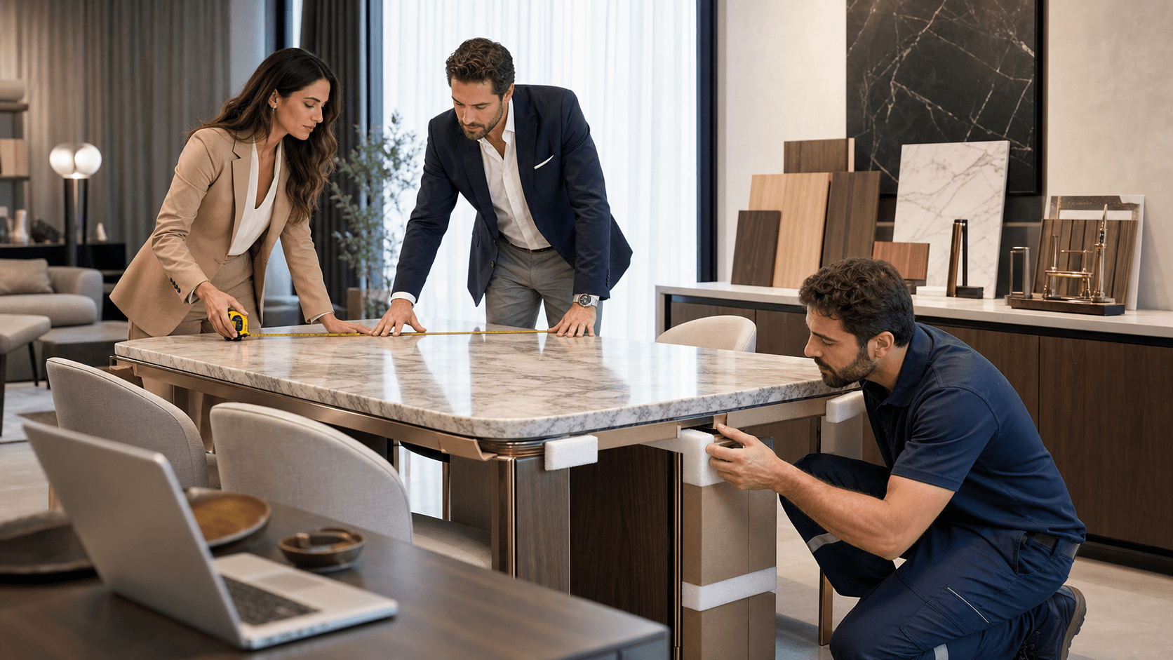 Elegant marble dining table with gold accents in a modern room, soft daylight, laptop and décor on tabletop