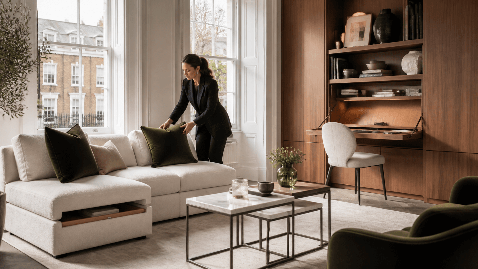 Sunlit London living room with a cream sofa, marble table, sculptural chairs, and floor-to-ceiling windows.