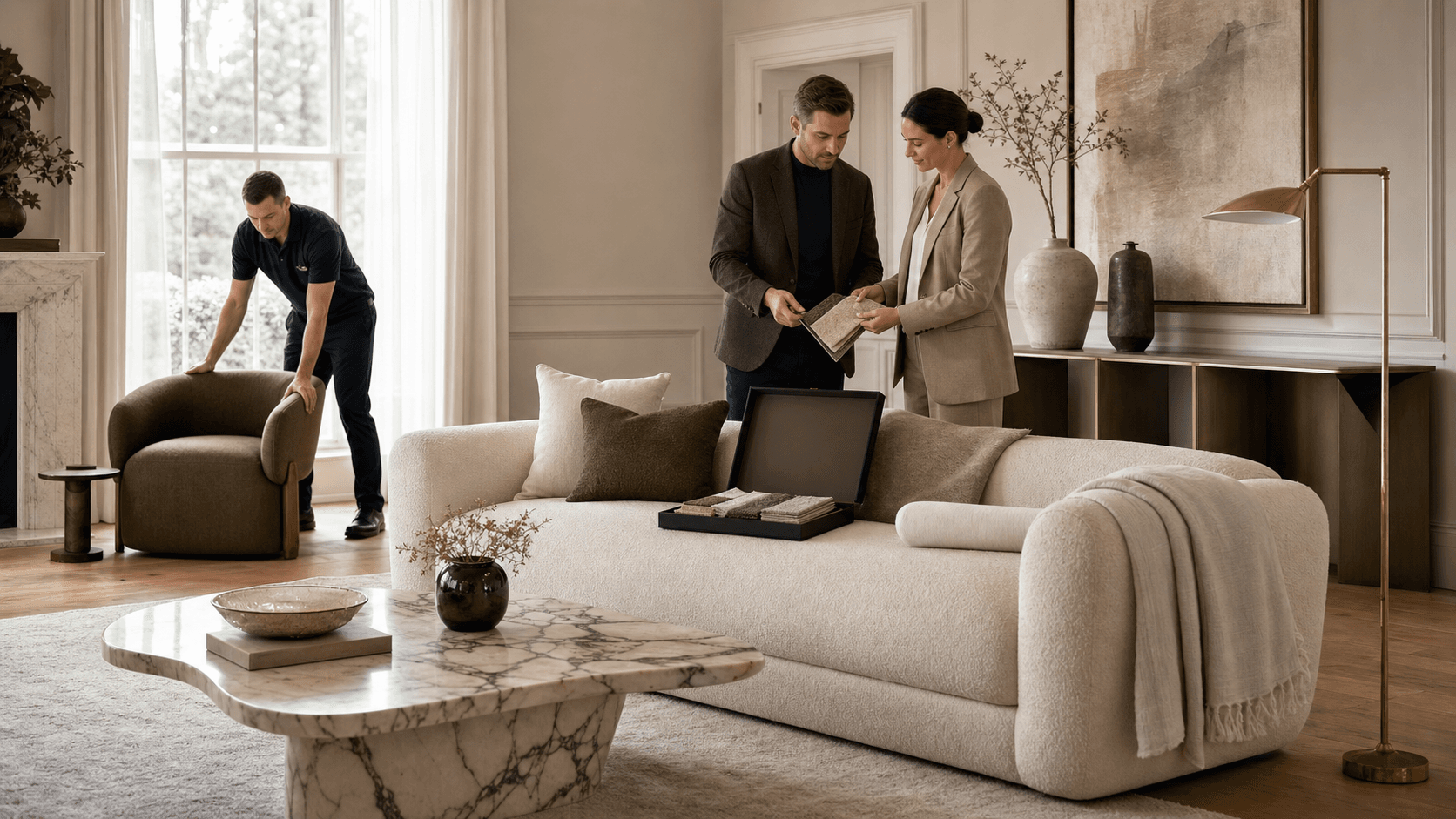 Sunlit neutral-toned living room with plush sofa, marble coffee table, and brass accents in a minimalist layout
